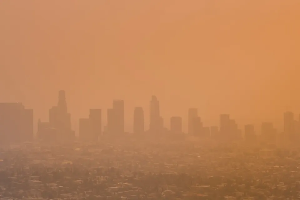 View of downtown Los Angeles, California through orange haze.